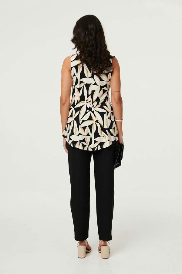 Black | Leaf Print Sleeveless Peplum Top
