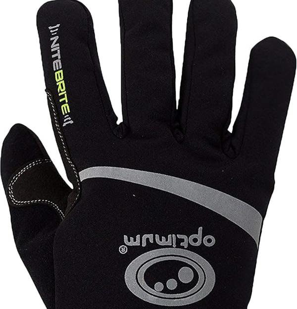 Close-up of black winter cycling glove back with reflective stripe and grey Optimum logo, on white - Optimum