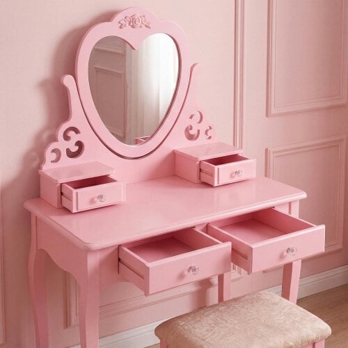 Kosy Koala Pink Heart Dressing Table Makeup Desk Vanity Set White Mirror Drawers Stool