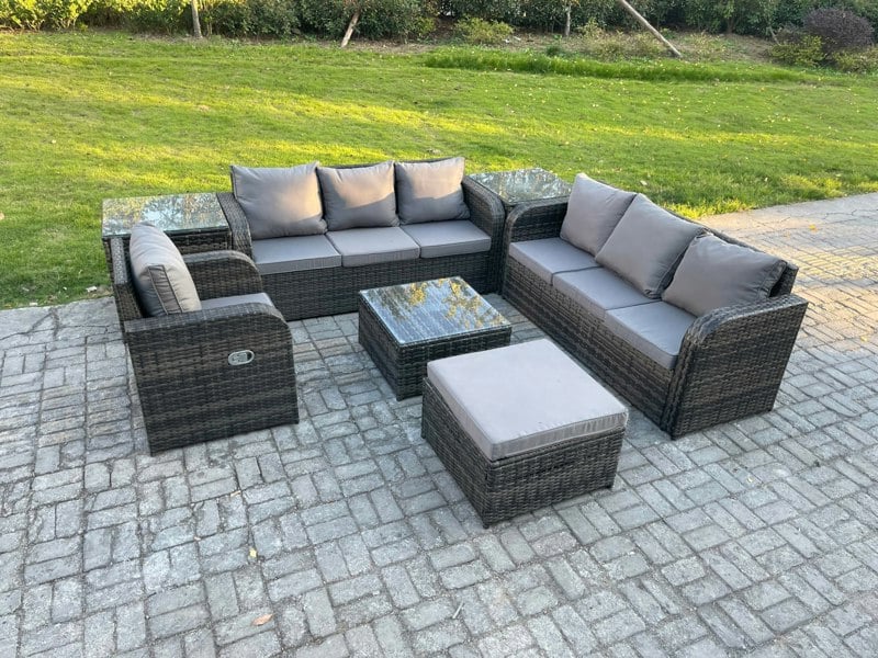 Fimous Outdoor Rattan Garden Furniture Set Conservatory Patio Sofa Coffee Table With Reclining Chair 2 Side Tables Big Footstool Dark Grey Mixed