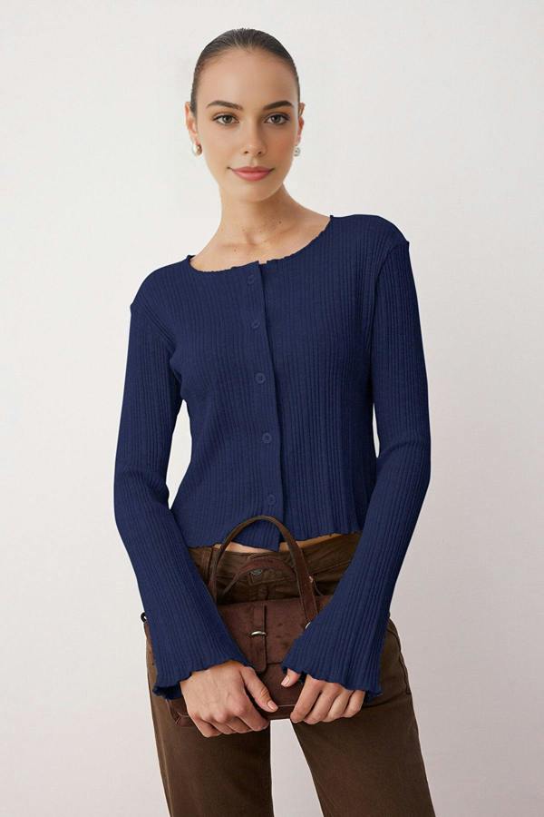 WOVCOR Jacquard Fitted Knit Blouse with Button Detail