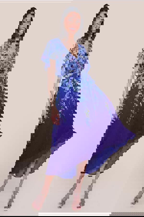 Flutter Sleeve A-Line Chiffon Floral Printed Midi Dress - Royal Blue DR4481