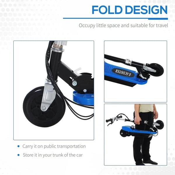 Blue foldable electric kids scooter with folded transport and storage illustrations