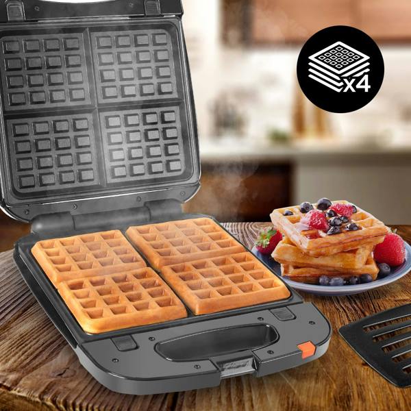 Duronic WM60 Non Stick 4 Square Belgian Waffle Maker with Removable Plates for Croffles & American Style Waffles