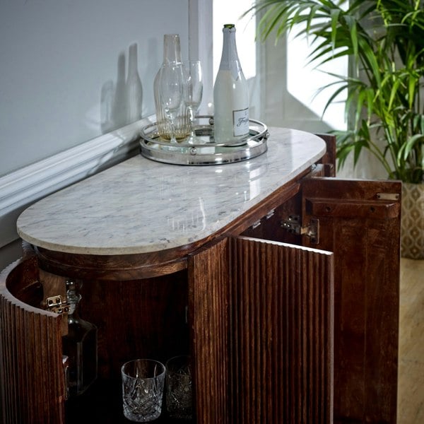 IH Design Miel Mango Wood Sideboard/Drinks Cabinet With Marble Top & Metal Legs