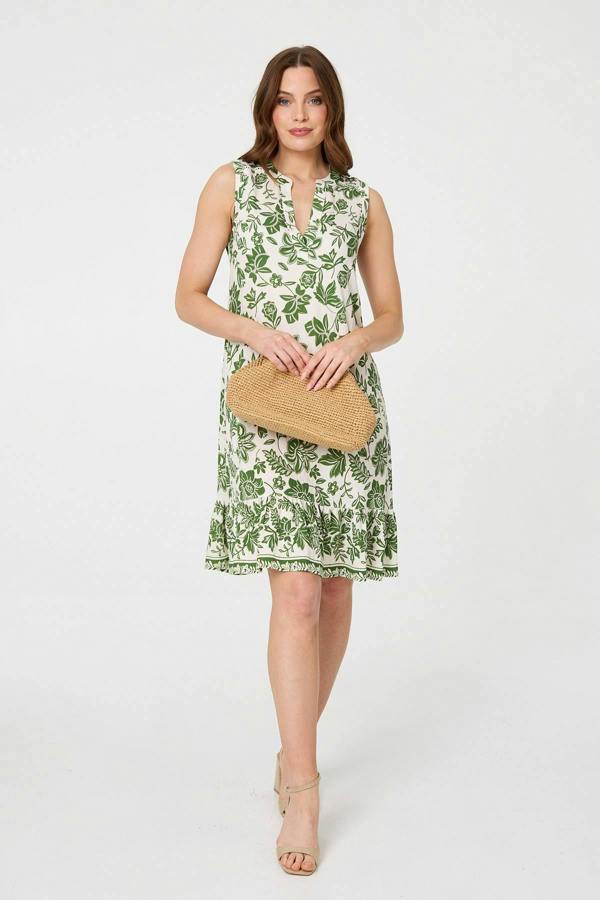 Green | Leaf Print Knee Length Sleeveless Dress
