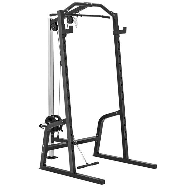 Black power cage rack with pull-up and push-up stands, cable pulley frame
