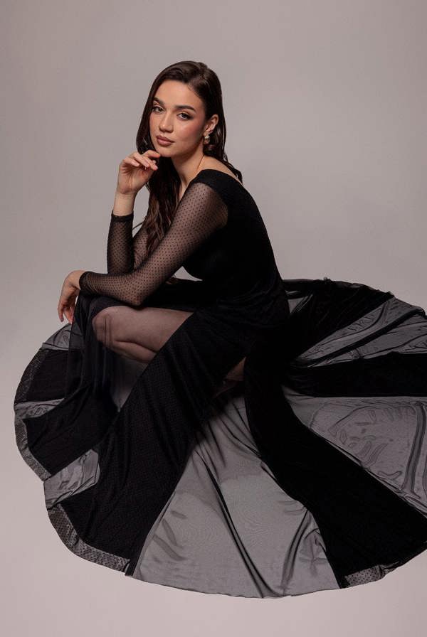 Dobby Mesh Insert Long Sleeve A-Line Maxi Dress - Black DR4897