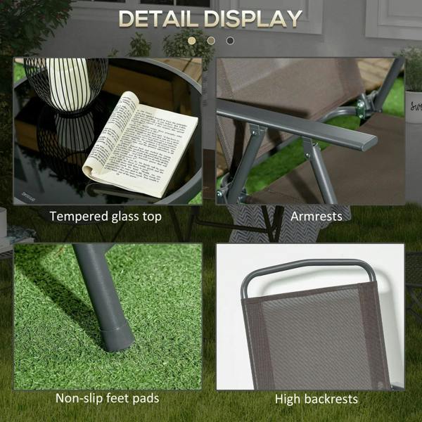 Garden chairs with armrests, high backrests, non-slip feet, and round tempered glass tabletop