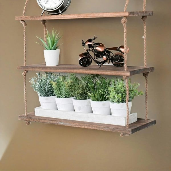 Rafaelo Mobilia 3 Tier Wooden Hanging Shelves With Rope Detail