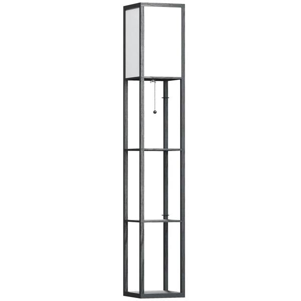 Black corner floor lamp with open frame and three-tier shelves