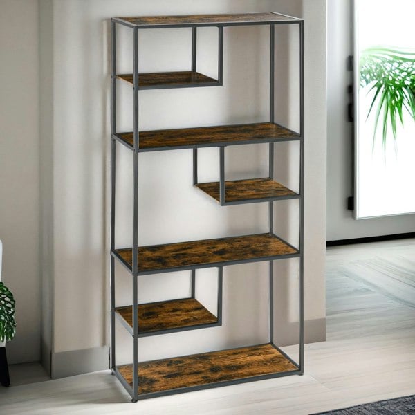 Rafaelo Mobilia 180CM Industrial 7 Tier Bookcase Rustic Brown