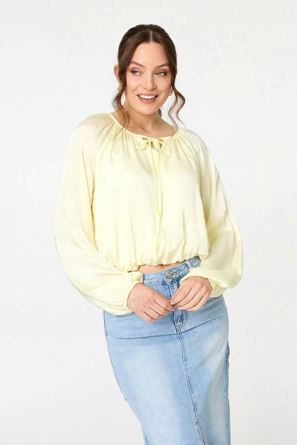 Yellow | Tie Front Long Sleeve Bubble Hem Blouse