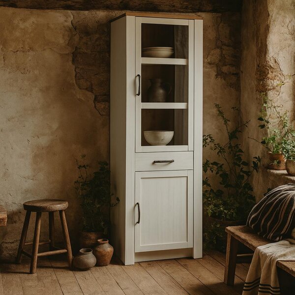Wyld Haus Bramblecroft White and Natural Oak Wood Narrow Display Cabinet 2 Doors 1 Drawer