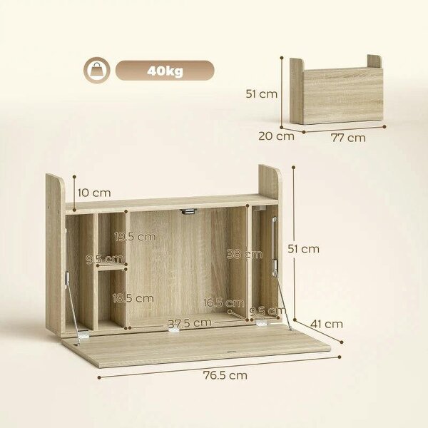 Wall Mounted Desk, Drop Leaf Floating Laptop Desk with Space Saving Storage Compartments for Home Office, Oak