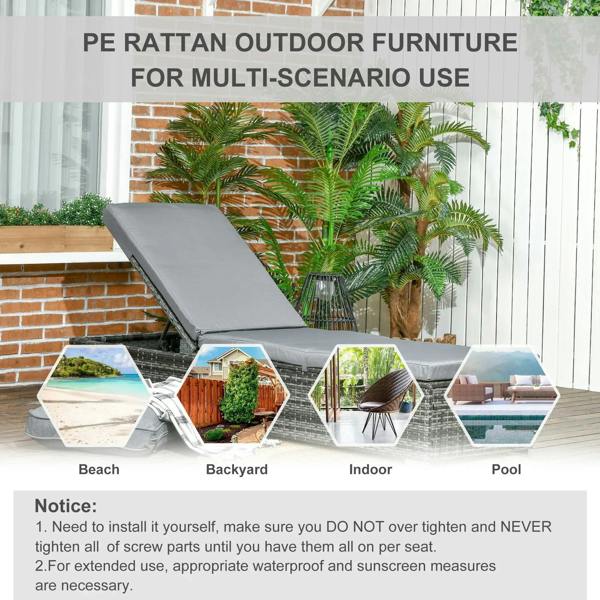Grey padded PE rattan sun lounger recliner shown outdoors on wooden patio