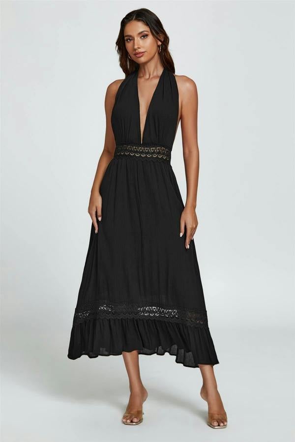 FS Collection Lace Detail Adjustable Deep V Neckline Maxi Dress In Black