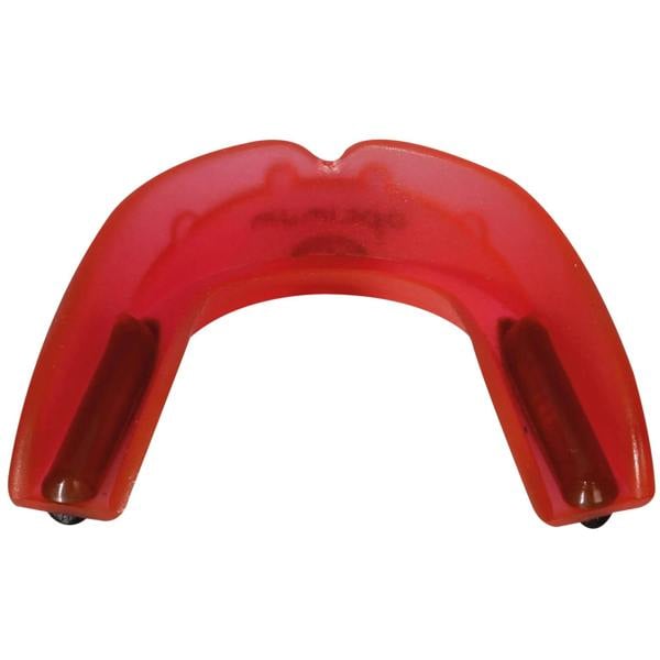 Red translucent Optimum Matrix mouthguard, top-down U-shape with black base tabs, on white - Optimum