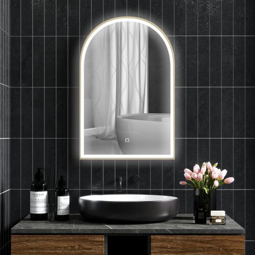 HOMCOM 90x60cm LED Bathroom Mirror, Anti-Fog Arched Vanity Mirror, Gold Tone