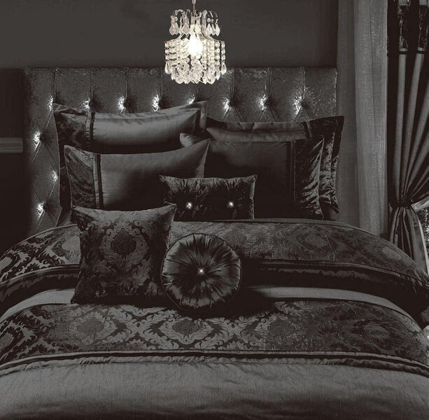 Night Zone Casablanca Satin Duvet Cover Set – Embroidered Bedding with Black Lace Trim