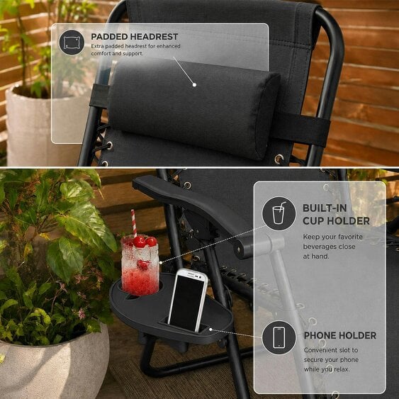 Neo Black Zero Gravity Recliner Garden Sun Loungers x2