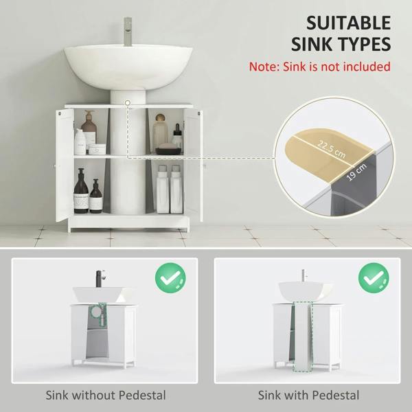 White under-sink storage cabinet with open shelves and interior compartments for bottles