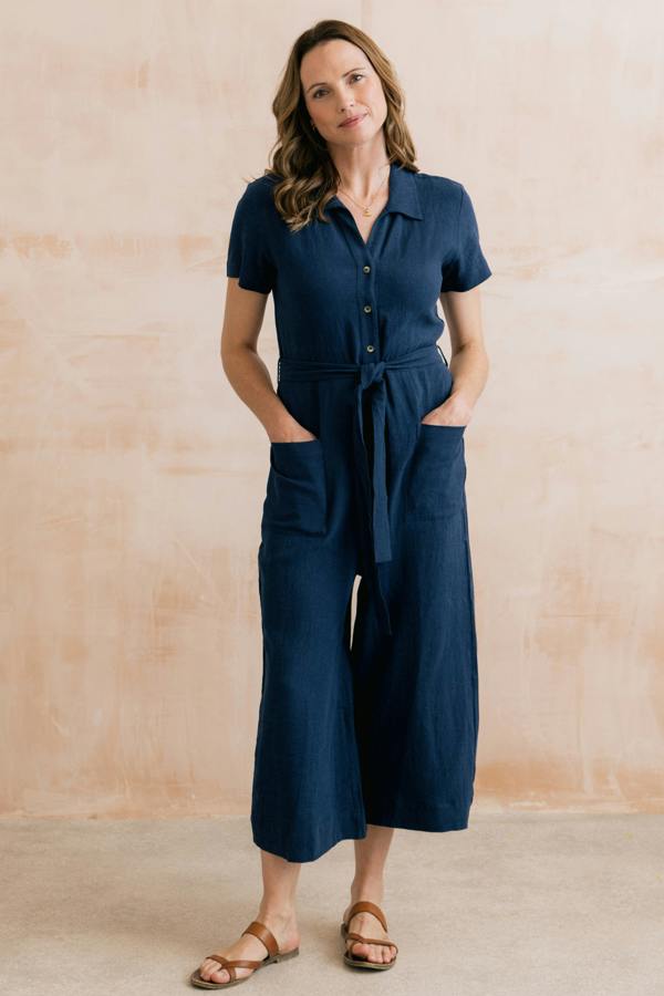 Lily & Me Josie Linen Blend Cropped Jumpsuit Navy