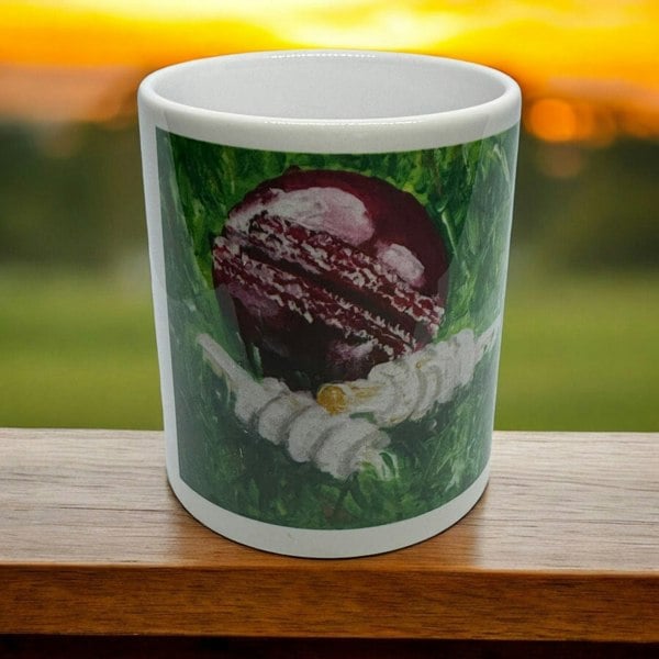 CRICKET-GIFTS - Cricketer's Mug | Ceramic Design by Anthony Kelly | Cricket Ball & Bails Artwork | 300ml Capacity