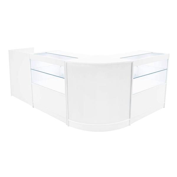 Curved white LED shop counter set featuring glass display sections, sleek design, and modern finish, ideal for retail spaces
