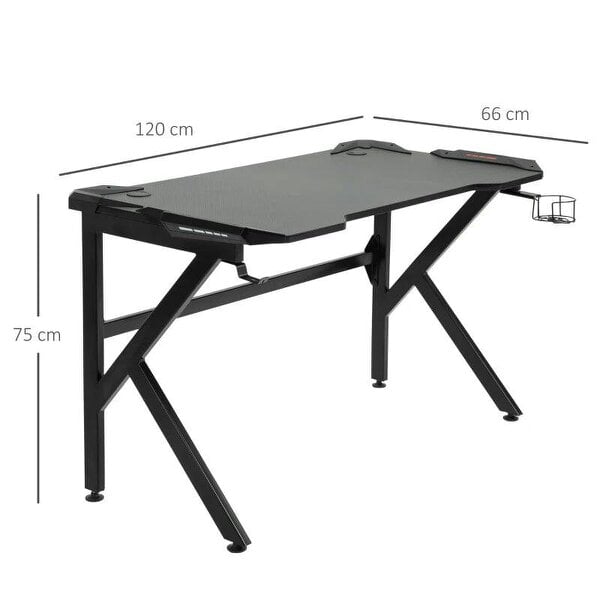 Gaming desk with Cup Holder Headphone Hook Feet Adjustable 120 x 66 x 75cm Black