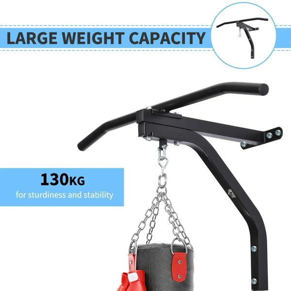 Black wall-mounted punching bag hanger bracket with chain and double bag hooks