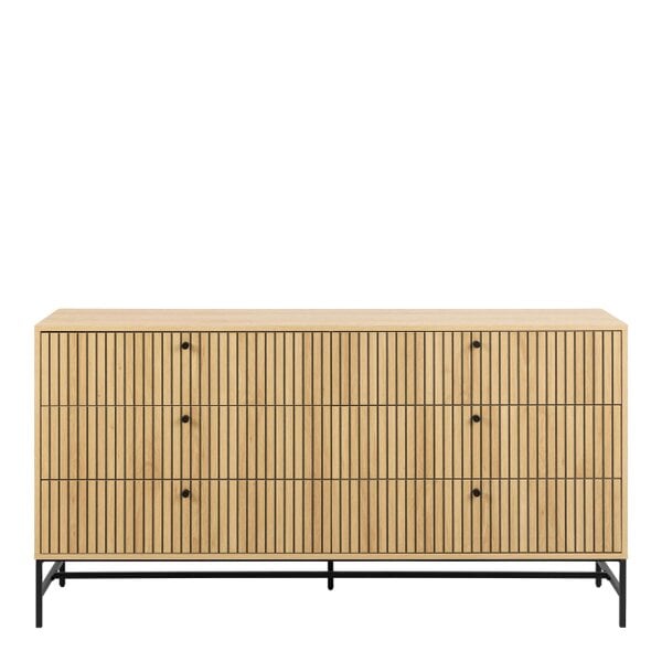 Wyld Haus Bjork Natural Oak Wood and Black Panelled Wide Chest of 6 Drawers