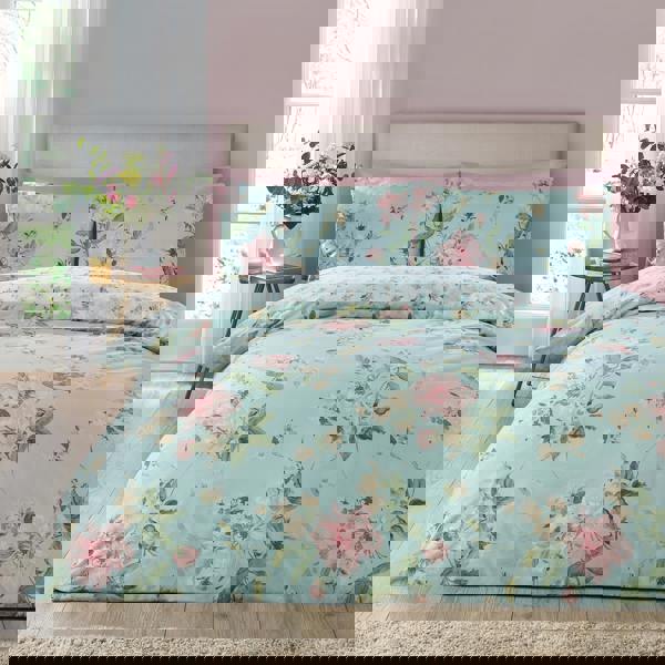 Catherine Lansfield Avebury Floral Reversible Duvet Cover Set Duck Egg Blue