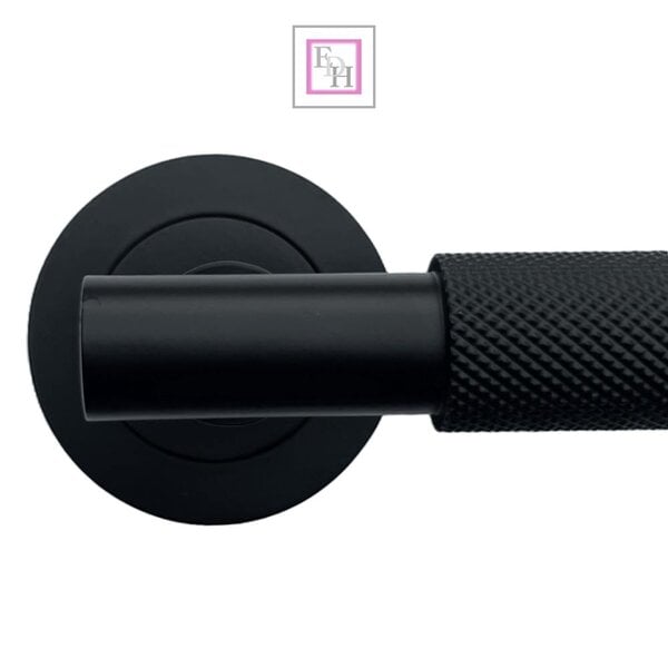 EDH Door Hardware Knurled Door Handles on Round Rose – Polished Chrome, Matt Black & Satin Nickel