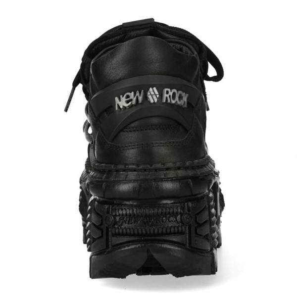 New Rock M-OVERZ106B-C1 Metallic Chunky Black Leather Gothic Ankle Boots