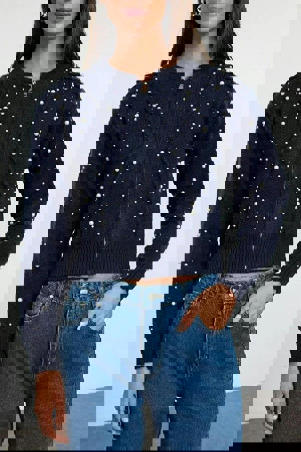 WOVCOR Soft Textured Zippered Knit Cardigan with Stone Details