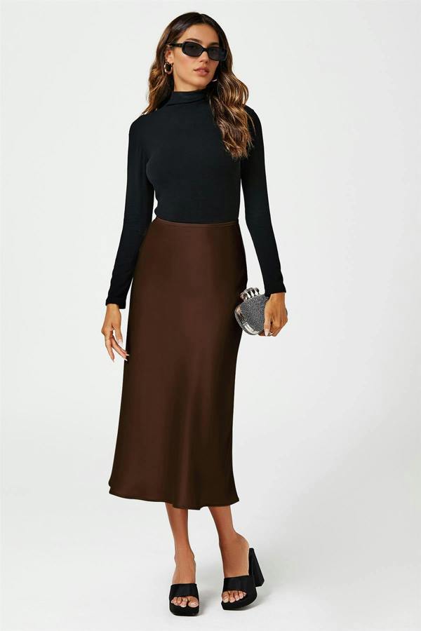 FS Collection Brown Satin Midi Skirt
