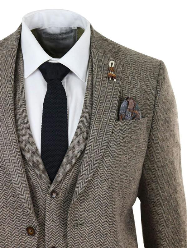 TruClothing Mens Oak Brown 3 Piece Tweed Suit Vintage Harringbone 1920s Retro Peaky Blinders