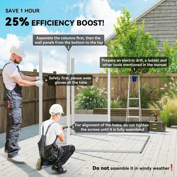 Metal garden shed assembly instruction graphic for outdoor setup