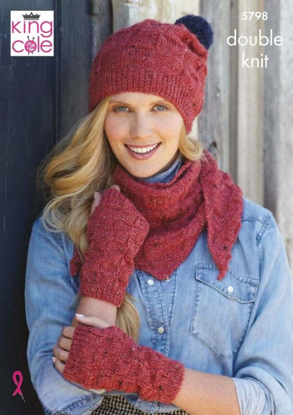 King Cole Homespun DK Knitting Pattern 5798, Headwear, Scarves, Gloves, Wrist Warmers for Women, One Size