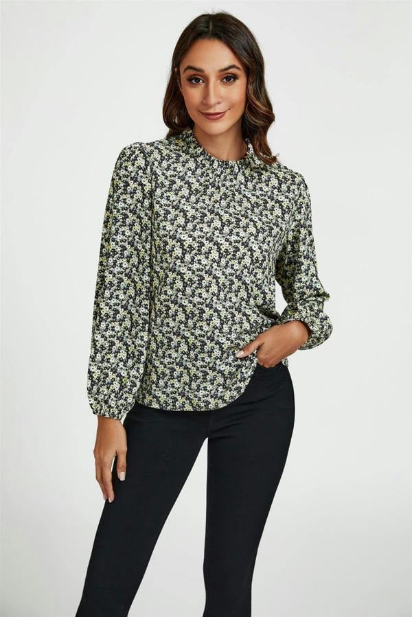 FS Collection Multi Floral Print Frill Detail High Neck Top In Yellow