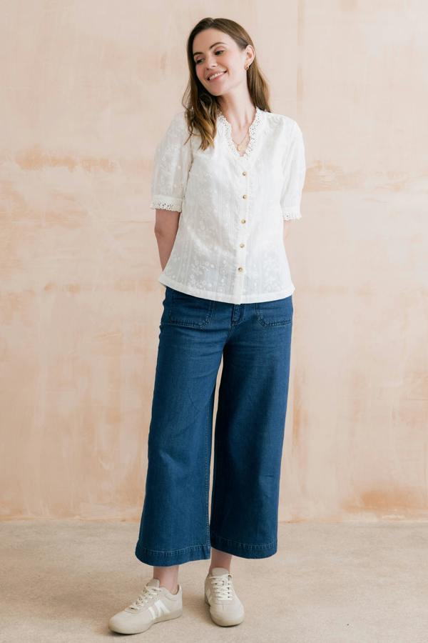 Lily & Me Wren Embroidered Cotton Frill Blouse White