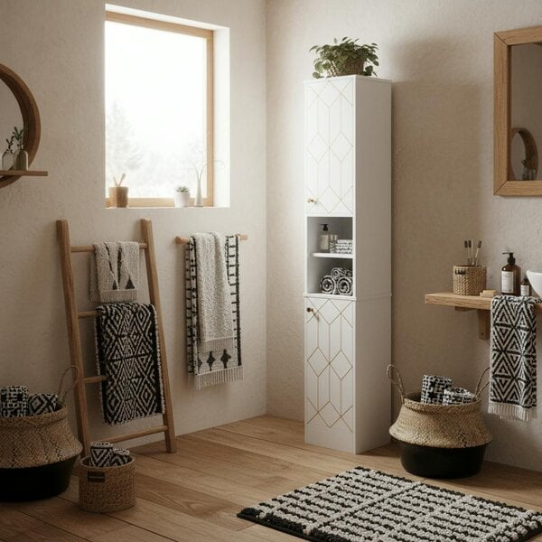Wyld Haus Conosu Freestanding Slim Bathroom Storage Cabinet With Doors And Adjustable Shelves White