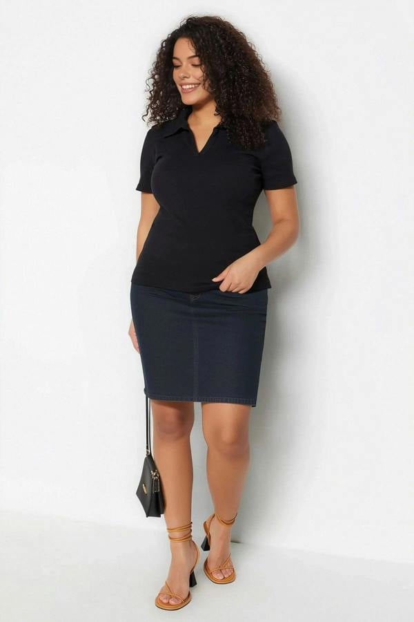 WOVCOR Polo Collar Body-Fitting Ribbed Knit Blouse