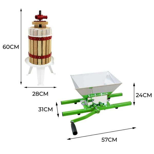 KuKoo fruit crusher and 6 litre fruit press in green and wood, showcasing dimensions and sturdy design for efficient fruit processing