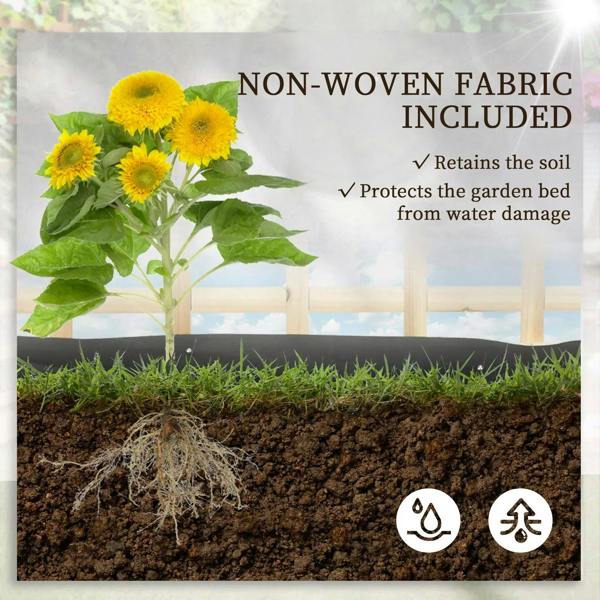 Wood raised garden planter bed with included non-woven fabric over soil and greenery