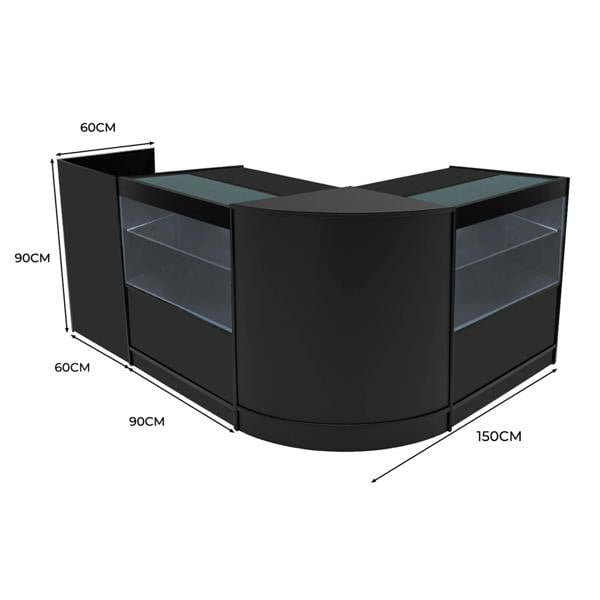 Black Phoenix LED Shop Counter Set featuring sleek curved design, glass display sections, and dimensions of 150cm x 90cm x 60cm