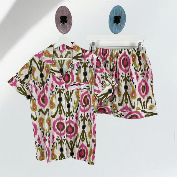 Hayley & Co Ikat Print 100% Cotton Short Pyjama Set in White and Print