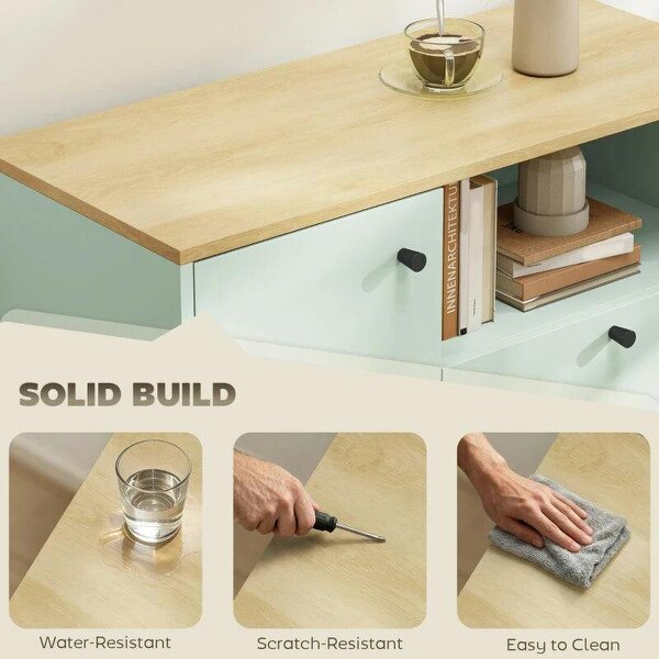 Sideboard Storage Cabinet, 80 cm Buffet Cabinet with 2 Drawers, Open Compartment, Adjustable Shelf, Light Green and Oak