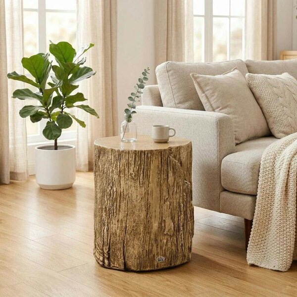 Bobobiy Tree Stump End Table, Round Concrete Side Table for Indoor and Outdoor Use, Natural Wood Effect - Natural Wood